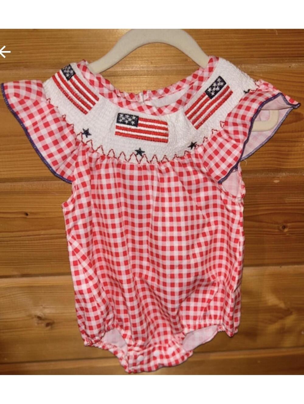 Patriotic Smocked Bubble Romper 3/6 Months Red Gingham American Flag